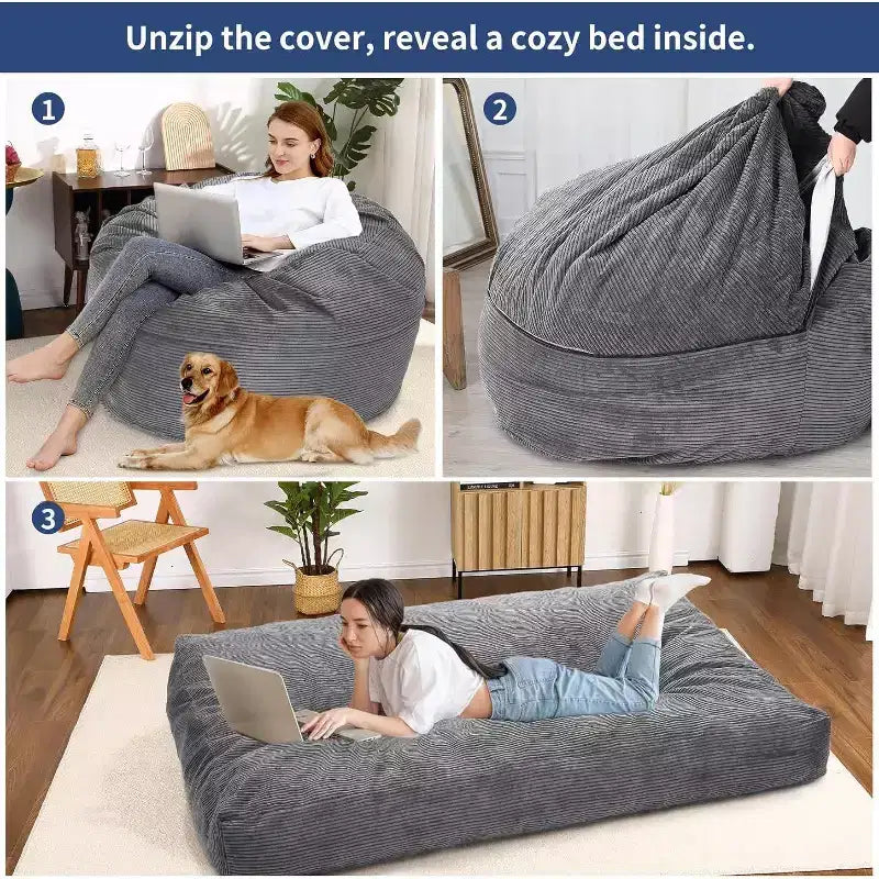 Fauteuil convertible lit poire pour adultes - Matelas de sol et chaise longue surdimensionnés avec housse amovible et lavable