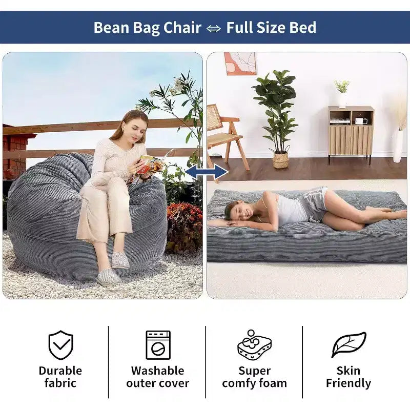 Fauteuil convertible lit poire pour adultes - Matelas de sol et chaise longue surdimensionnés avec housse amovible et lavable