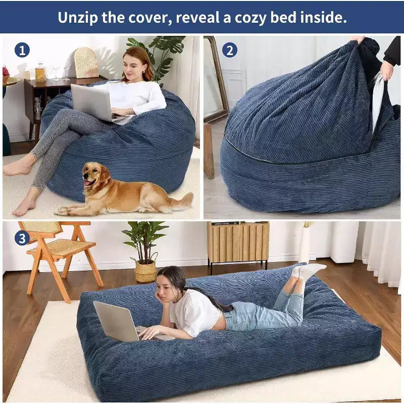 Fauteuil convertible lit poire pour adultes - Matelas de sol et chaise longue surdimensionnés avec housse amovible et lavable