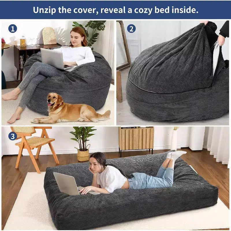 Fauteuil convertible lit poire pour adultes - Matelas de sol et chaise longue surdimensionnés avec housse amovible et lavable