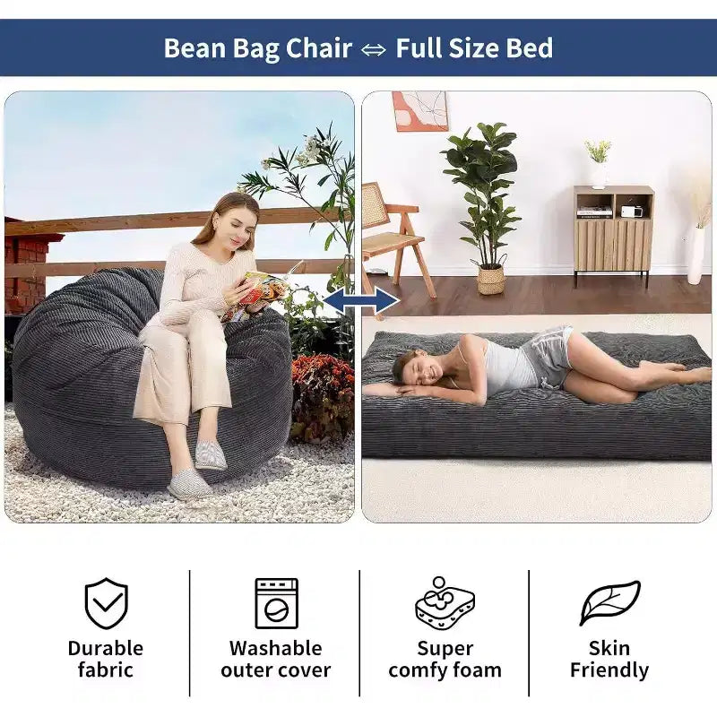 Fauteuil convertible lit poire pour adultes - Matelas de sol et chaise longue surdimensionnés avec housse amovible et lavable