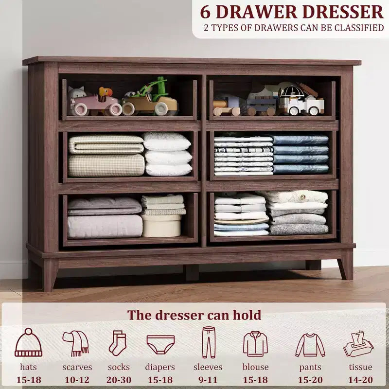 Commode à 6 tiroirs pour chambre à coucher, commode de rangement autonome de 120 cm de large pour salon, entrée, organisation de placard