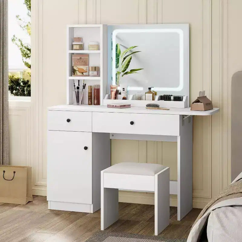 Vanity Desk with Drawers, Stylish Dressing Table Bedroom Makeup Table Set, with Chair, Mirror and Lights, for Bedroom, White