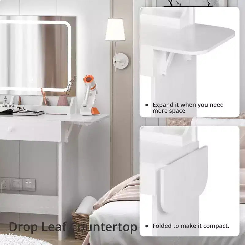 Coiffeuse avec tiroirs, Table de Maquillage Élégante pour Chambre à Coucher, avec Chaise, Miroir et Lumières, pour Chambre à Coucher, Blanc