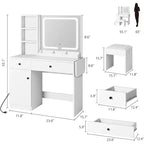 Coiffeuse avec tiroirs, Table de Maquillage Élégante pour Chambre à Coucher, avec Chaise, Miroir et Lumières, pour Chambre à Coucher, Blanc