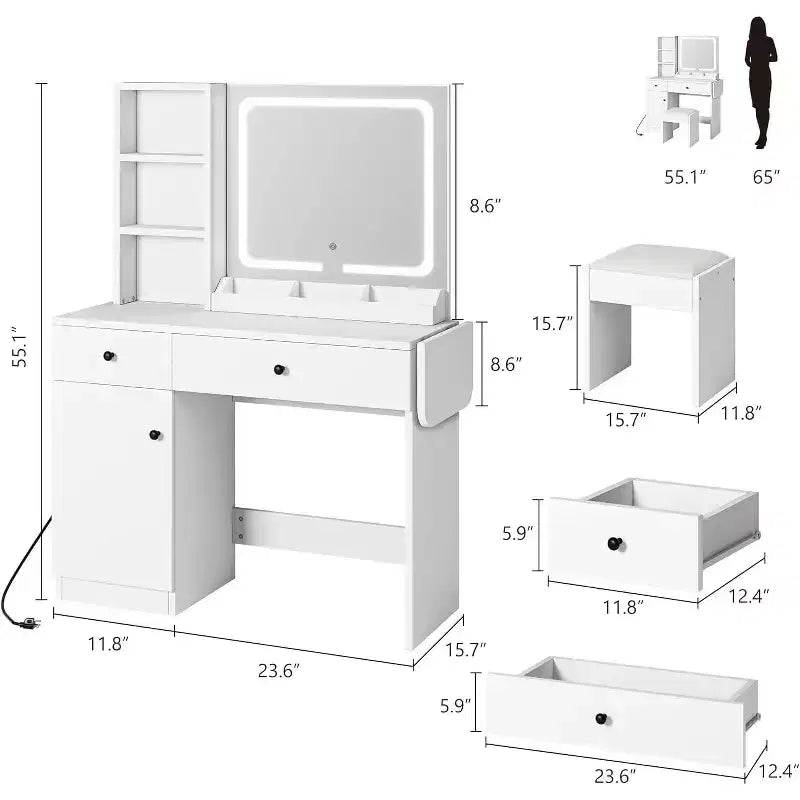 Coiffeuse avec tiroirs, Table de Maquillage Élégante pour Chambre à Coucher, avec Chaise, Miroir et Lumières, pour Chambre à Coucher, Blanc