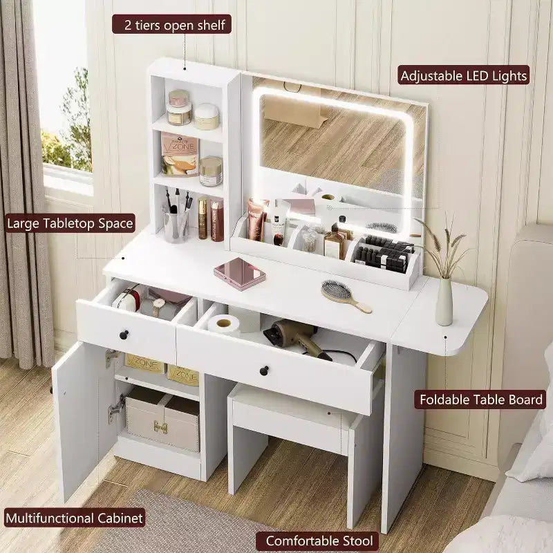 Coiffeuse avec tiroirs, Table de Maquillage Élégante pour Chambre à Coucher, avec Chaise, Miroir et Lumières, pour Chambre à Coucher, Blanc
