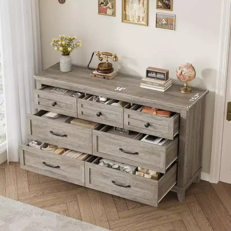 Commode 7 Tiroirs pour Chambre à Coucher, Commode de Rangement Autonome de 54 Pouces de Large, Meuble de Rangement en Bois pour Salon, Chambre, Bureau