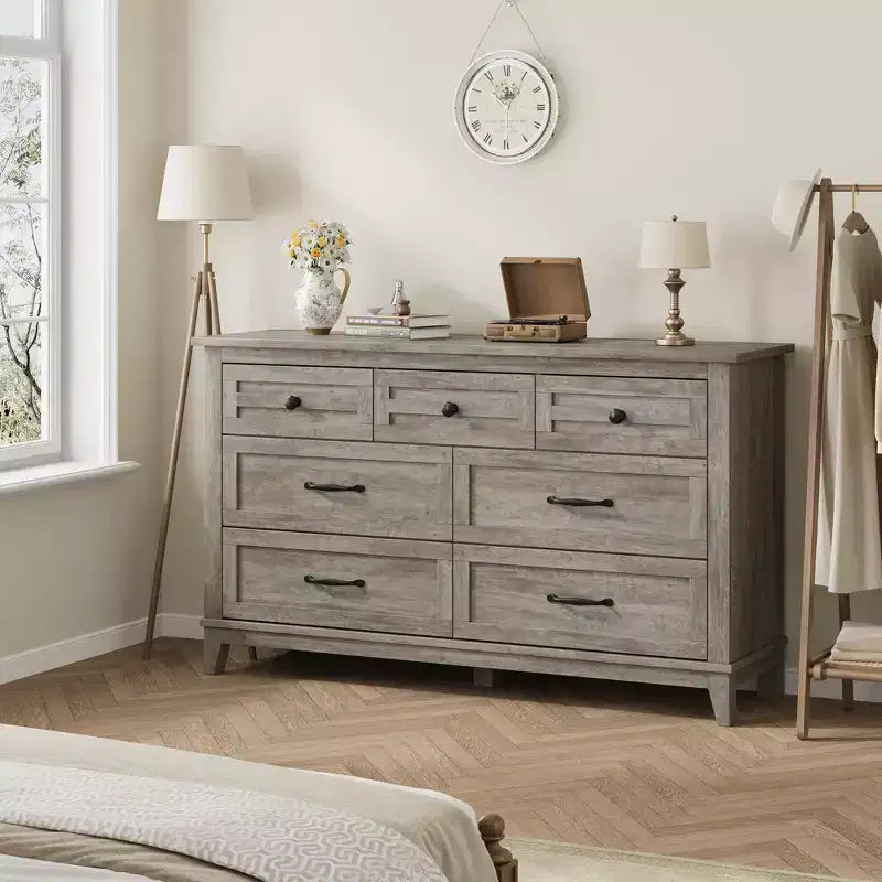 Commode 7 Tiroirs pour Chambre à Coucher, Commode de Rangement Autonome de 54 Pouces de Large, Meuble de Rangement en Bois pour Salon, Chambre, Bureau