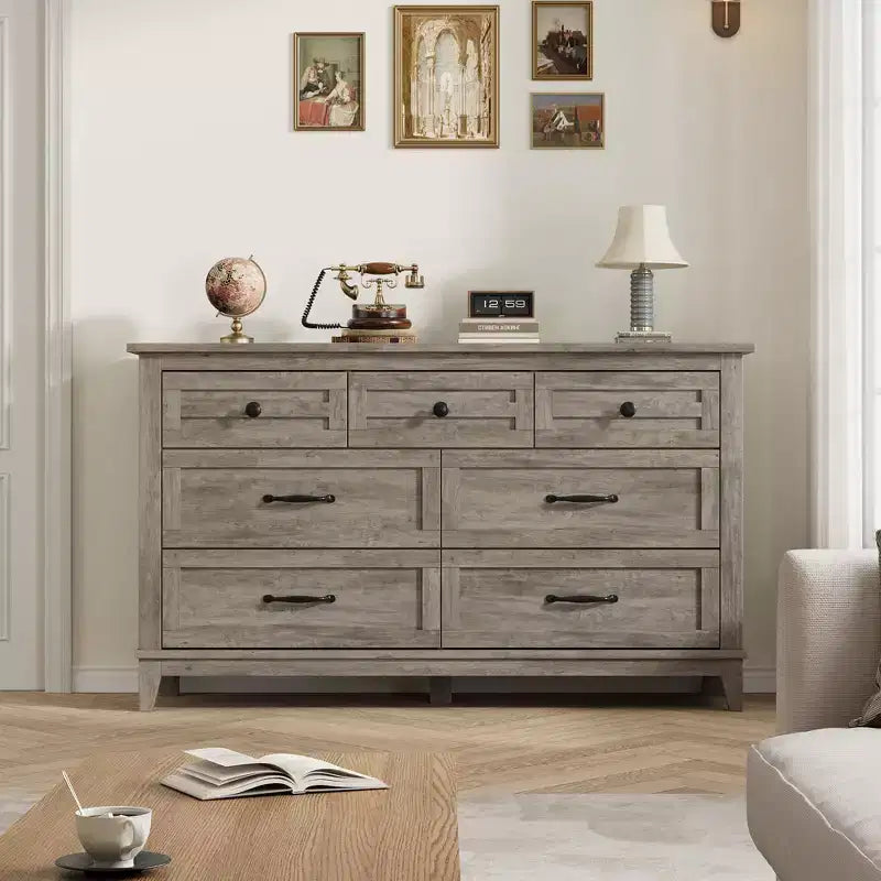 Commode 7 Tiroirs pour Chambre à Coucher, Commode de Rangement Autonome de 54 Pouces de Large, Meuble de Rangement en Bois pour Salon, Chambre, Bureau