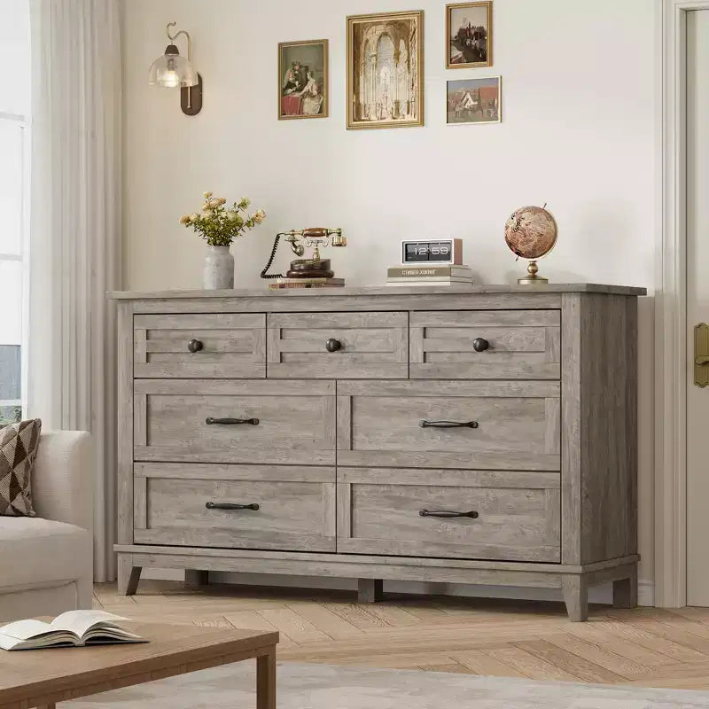 Commode 7 Tiroirs pour Chambre à Coucher, Commode de Rangement Autonome de 54 Pouces de Large, Meuble de Rangement en Bois pour Salon, Chambre, Bureau