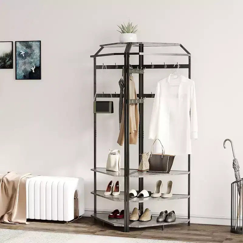 Porte-manteau d'angle, meuble d'entrée sur pied avec banc à chaussures, porte-manteau d'entrée avec étagères de rangement à 3 niveaux et 12 crochets pour chambre, salon
