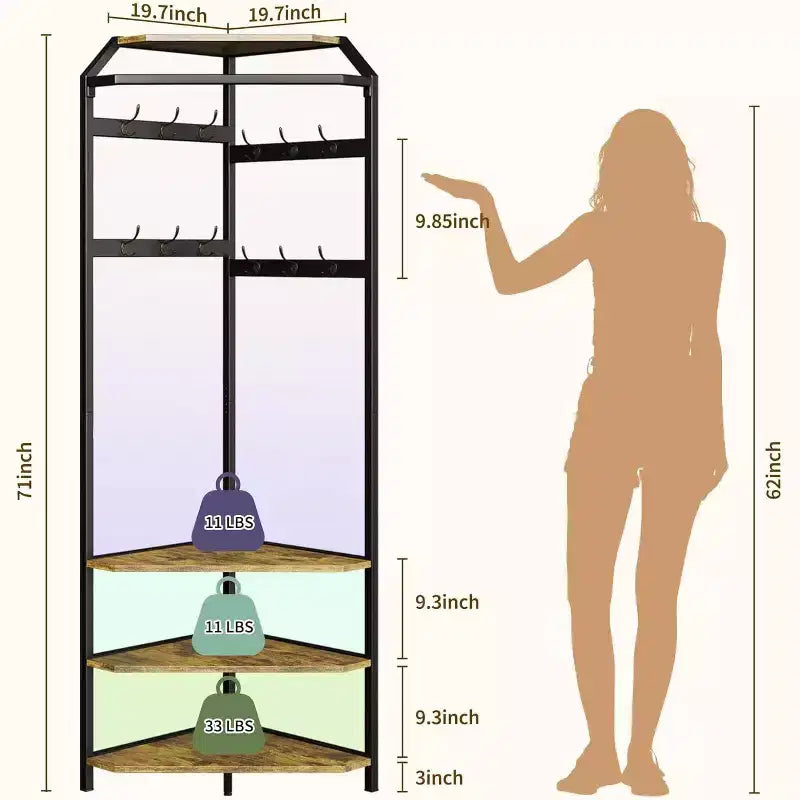 Porte-manteau d'angle, meuble d'entrée sur pied avec banc à chaussures, porte-manteau d'entrée avec étagères de rangement à 3 niveaux et 12 crochets pour chambre, salon