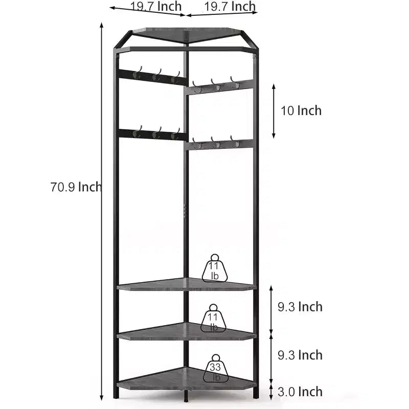 Porte-manteau d'angle, meuble d'entrée sur pied avec banc à chaussures, porte-manteau d'entrée avec étagères de rangement à 3 niveaux et 12 crochets pour chambre, salon