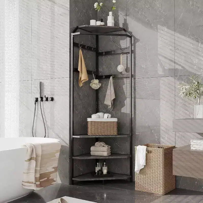 Porte-manteau d'angle, meuble d'entrée sur pied avec banc à chaussures, porte-manteau d'entrée avec étagères de rangement à 3 niveaux et 12 crochets pour chambre, salon
