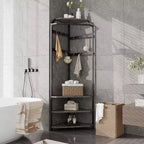 Porte-manteau d'angle, meuble d'entrée sur pied avec banc à chaussures, porte-manteau d'entrée avec étagères de rangement à 3 niveaux et 12 crochets pour chambre, salon