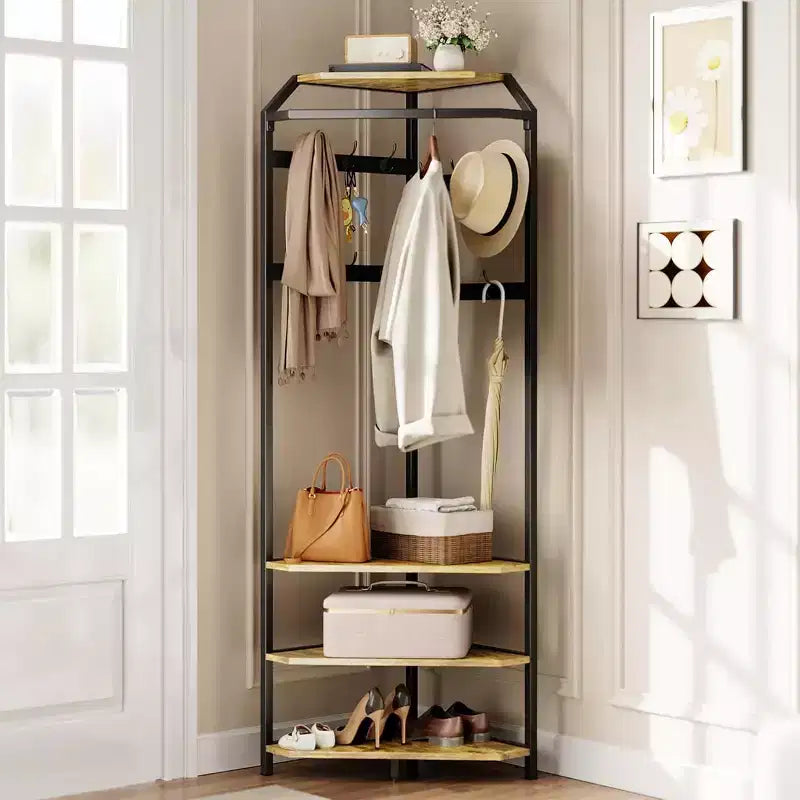 Corner Coat Rack, Freestanding Hall Tree with Shoe Bench, Entryway Coat Rack with 3-Tier Storage Shelves and 12 Hooks for Bedroom, Living Room