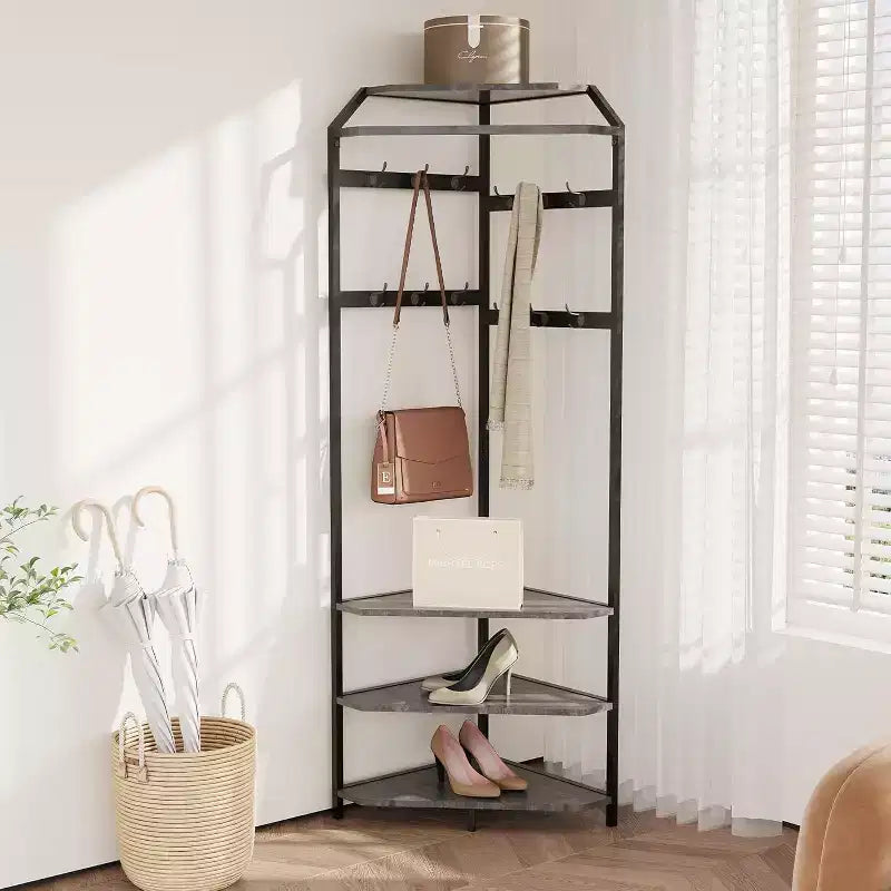 Porte-manteau d'angle, meuble d'entrée sur pied avec banc à chaussures, porte-manteau d'entrée avec étagères de rangement à 3 niveaux et 12 crochets pour chambre, salon