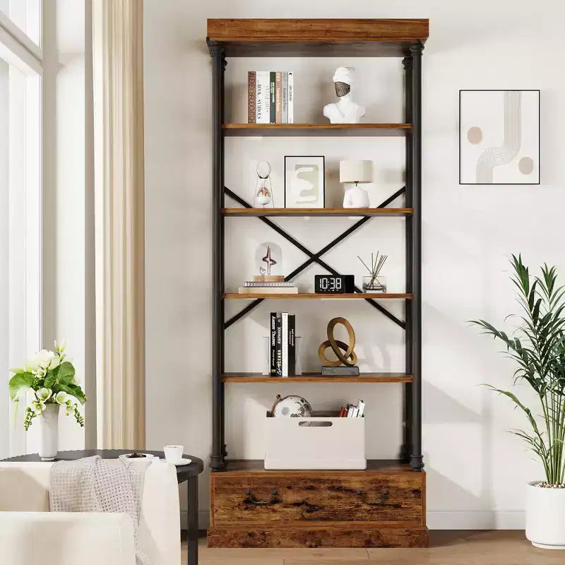 5 Tier Bookshelf with Storage Drawer, 81.3 Tall Book Shelf Vintage Bookcase W/Metal Frame, Rustic Open Bookshelf