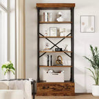 5 Tier Bookshelf with Storage Drawer, 81.3 Tall Book Shelf Vintage Bookcase W/Metal Frame, Rustic Open Bookshelf