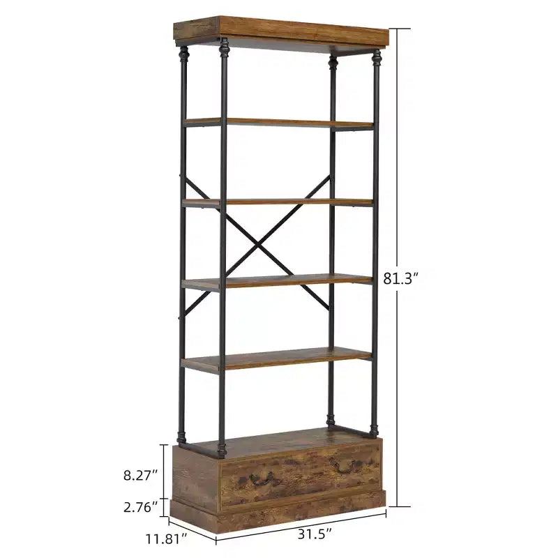 Étagère à 5 niveaux avec tiroir de rangement, Bibliothèque haute de 81,3 cm, bibliothèque vintage avec cadre métallique, étagère ouverte rustique