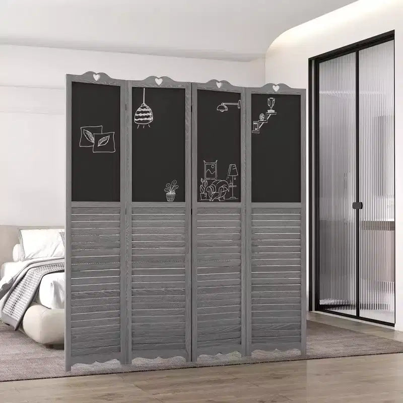 MAYEERTY 4 Panel Folding Room Divider with Blackboard Freestanding Privacy Screen Panels for Home Office Gray