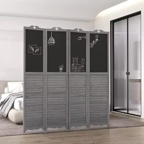MAYEERTY 4 Panel Folding Room Divider with Blackboard Freestanding Privacy Screen Panels for Home Office Gray