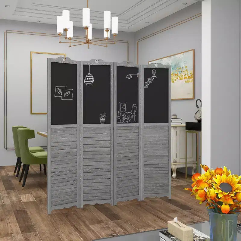 Séparateur de pièce pliant à 4 panneaux avec tableau noir, paravent autoportant pour bureau à domicile, gris
