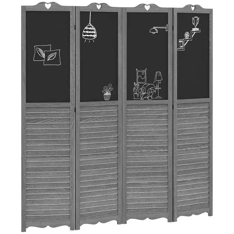 Séparateur de pièce pliant à 4 panneaux avec tableau noir, paravent autoportant pour bureau à domicile, gris