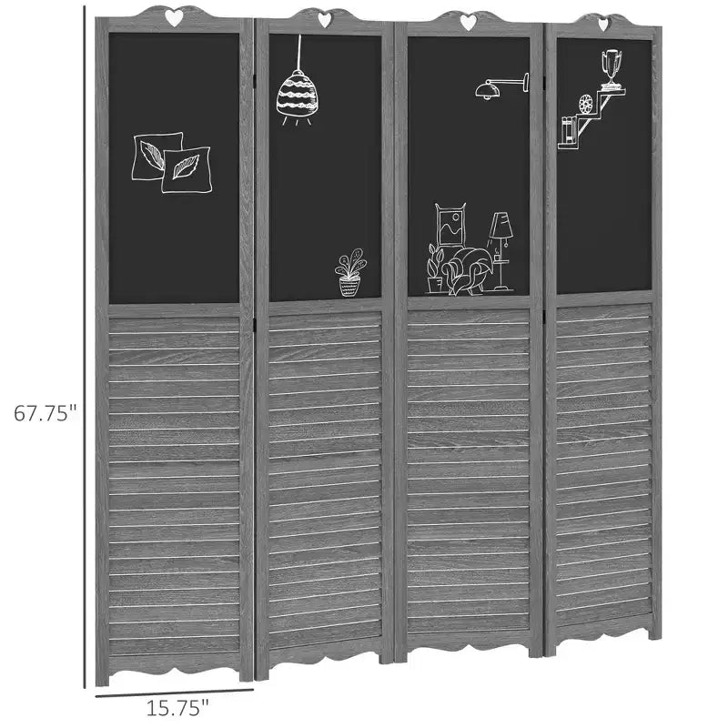 Séparateur de pièce pliant à 4 panneaux avec tableau noir, paravent autoportant pour bureau à domicile, gris