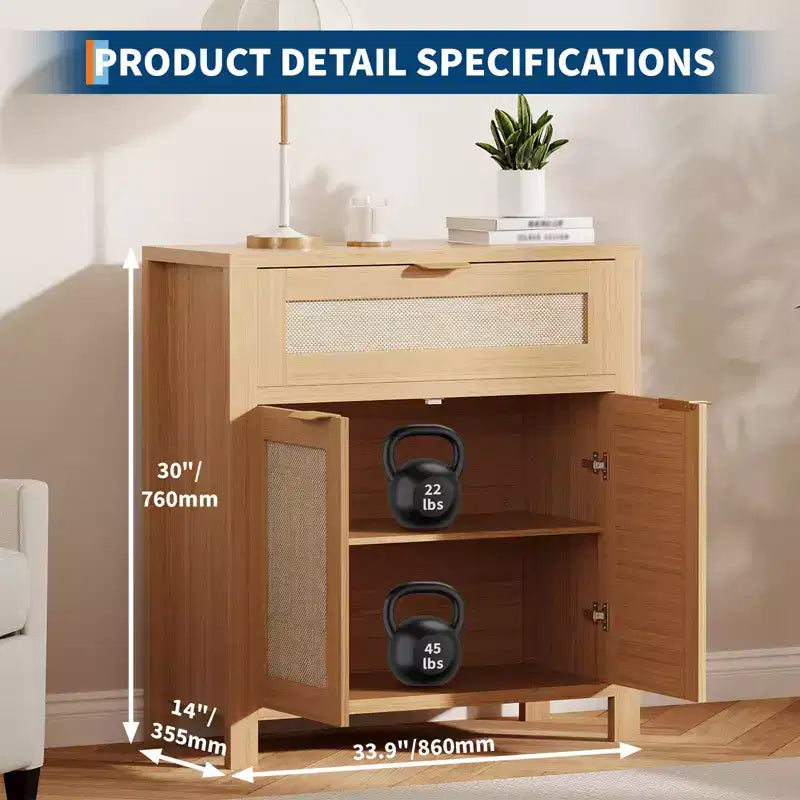 Buffet vaisselier avec rangement, buffet de rangement en bois avec étagères réglables, tiroirs et portes en rotin