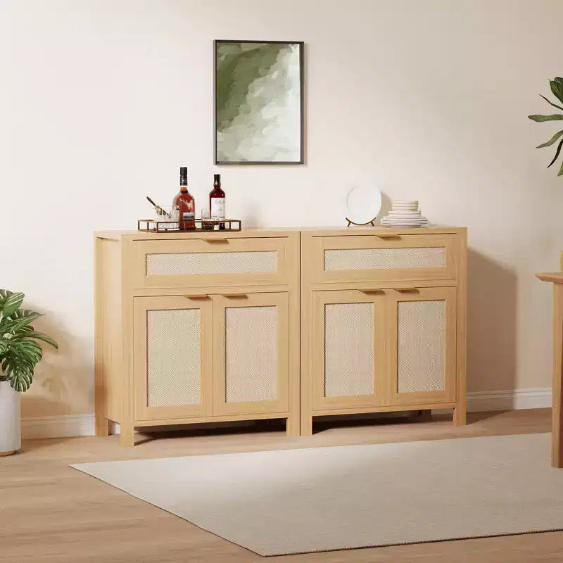 Buffet vaisselier avec rangement, buffet de rangement en bois avec étagères réglables, tiroirs et portes en rotin