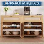 Buffet vaisselier avec rangement, buffet de rangement en bois avec étagères réglables, tiroirs et portes en rotin