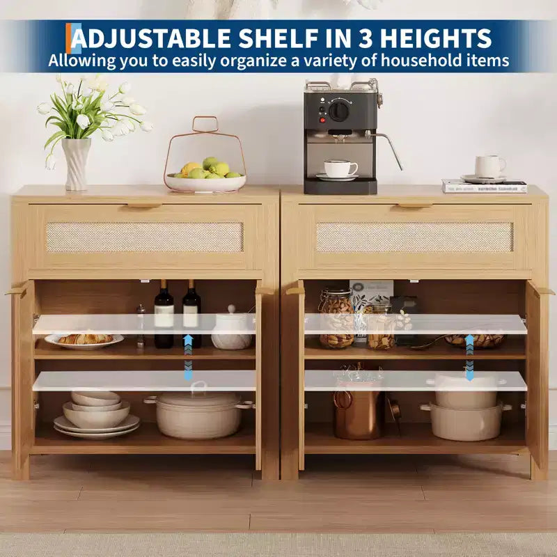 Buffet vaisselier avec rangement, buffet de rangement en bois avec étagères réglables, tiroirs et portes en rotin