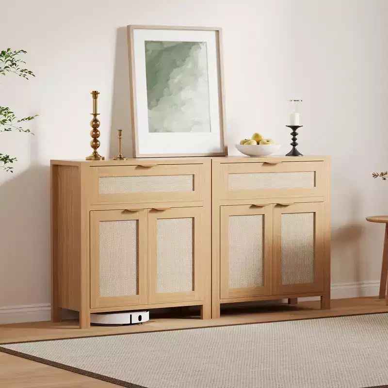Buffet vaisselier avec rangement, buffet de rangement en bois avec étagères réglables, tiroirs et portes en rotin