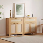 Buffet vaisselier avec rangement, buffet de rangement en bois avec étagères réglables, tiroirs et portes en rotin