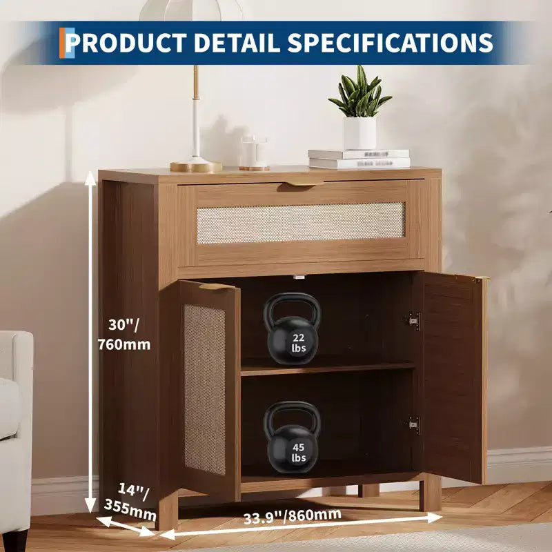 Buffet vaisselier avec rangement, buffet de rangement en bois avec étagères réglables, tiroirs et portes en rotin