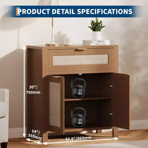 Buffet vaisselier avec rangement, buffet de rangement en bois avec étagères réglables, tiroirs et portes en rotin