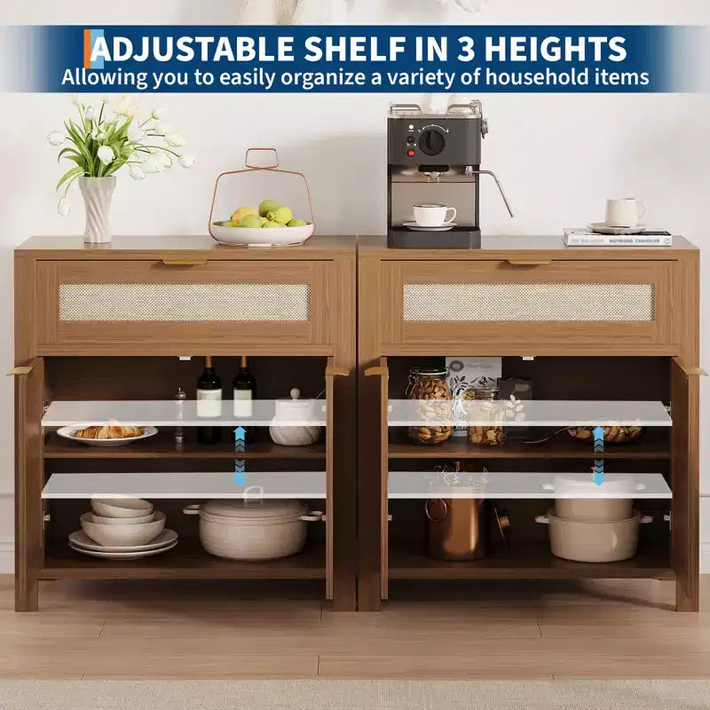 Buffet vaisselier avec rangement, buffet de rangement en bois avec étagères réglables, tiroirs et portes en rotin