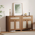 Buffet vaisselier avec rangement, buffet de rangement en bois avec étagères réglables, tiroirs et portes en rotin