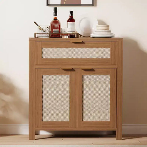 34 Sideboard Buffet Cabinet with Storage, Wooden Credenza Storage Cabinet with Adjustable Shelves Drawers and Rattan Doors