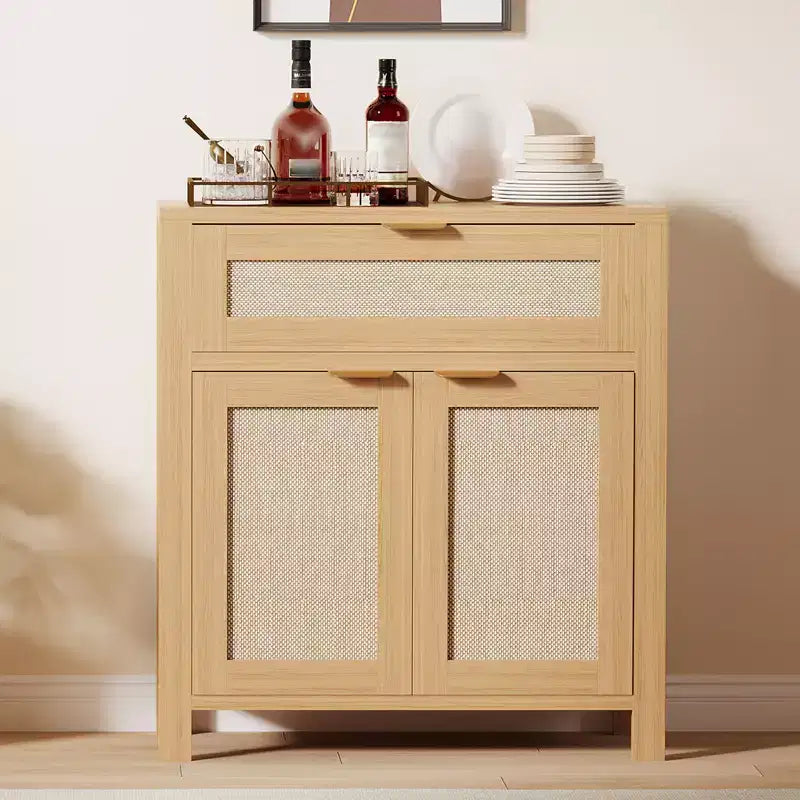 Buffet vaisselier avec rangement, buffet de rangement en bois avec étagères réglables, tiroirs et portes en rotin