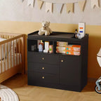 Commode de nurserie avec plan à langer – Table à langer haute en bois avec 2 étagères ouvertes, 3 tiroirs et 1 placard, idéale pour la chambre d'enfant