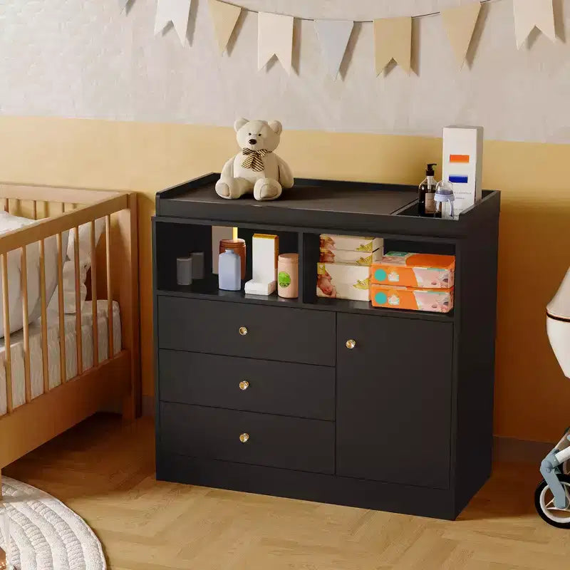 Commode de nurserie avec plan à langer – Table à langer haute en bois avec 2 étagères ouvertes, 3 tiroirs et 1 placard, idéale pour la chambre d'enfant