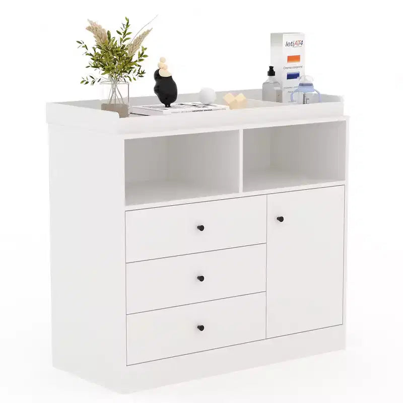 Commode de nurserie avec plan à langer – Table à langer haute en bois avec 2 étagères ouvertes, 3 tiroirs et 1 placard, idéale pour la chambre d'enfant