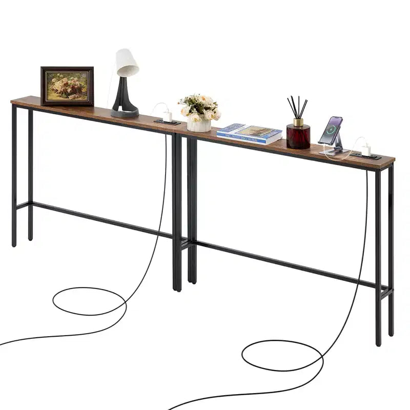 VEVOR Narrow Console Table, 2 Pack Behind Couch Table with Power Outlets, 1-Tier Long Entryway Table, Narrow Sofa Table with Metal Frame, Black