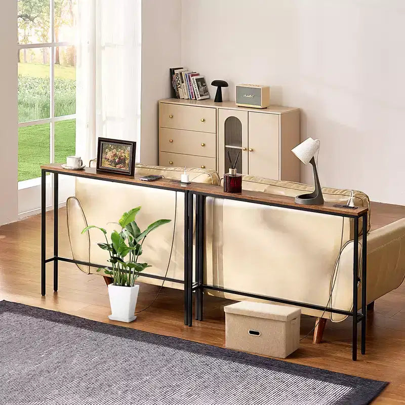 Table console étroite, lot de 2 tables d'appoint derrière le canapé avec prises de courant, table d'entrée longue à 1 niveau, table de canapé étroite avec cadre en métal, noir