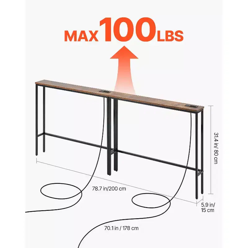 Table console étroite, lot de 2 tables d'appoint derrière le canapé avec prises de courant, table d'entrée longue à 1 niveau, table de canapé étroite avec cadre en métal, noir