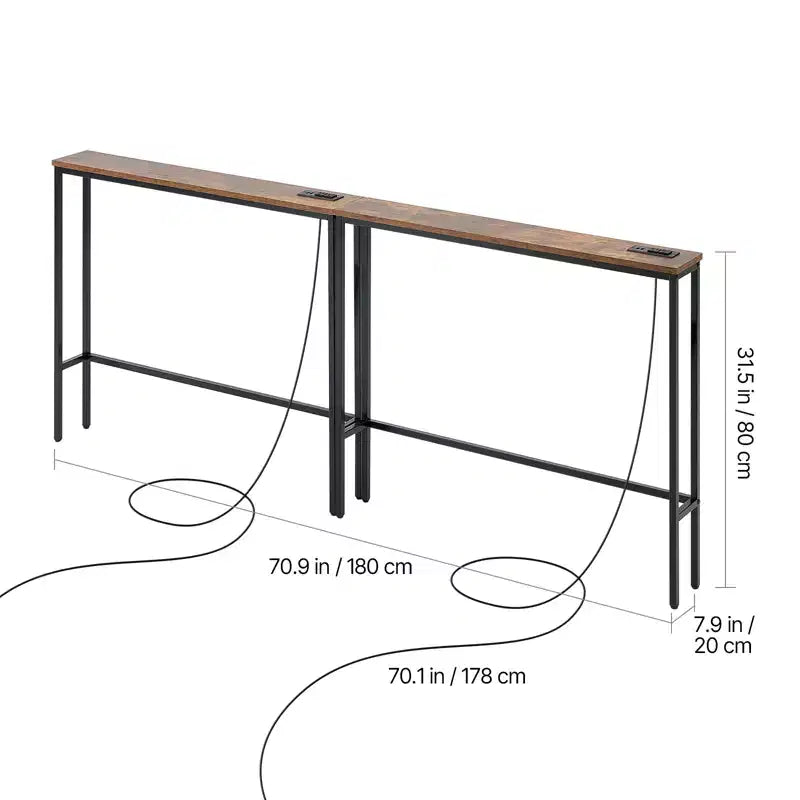 Table console étroite, lot de 2 tables d'appoint derrière le canapé avec prises de courant, table d'entrée longue à 1 niveau, table de canapé étroite avec cadre en métal, noir