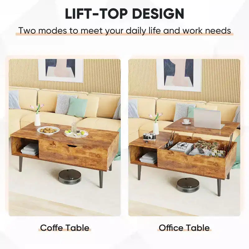 Tables basses relevables Bestier pour salon, petites tables de salle à manger en bois relevables avec étagère de rangement et compartiment caché, marron et noir